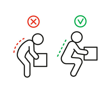 Posture of spine for lift box, ergonomic work of person, line icon. Lifting weight with correct and incorrect posture. Picking up cargo box. Vector outline illustration