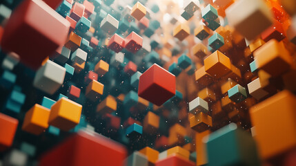 Abstract Geometric Floating Red Orange Blue Cubes with Depth and Light in a Digital Space