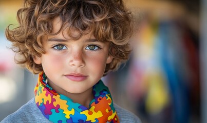 Kid with ribbon for World Autism Spectrum Disorder Awareness Day typically features a colorful puzzle pattern, symbolizing the complexity and diversity of individuals on the autism, Generative AI