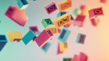 Colorful Floating Blocks in Abstract Motion Focused on Geometric Shapes and Soft Gradient Background
