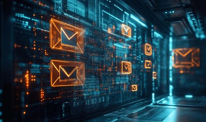 Email enveloped in layers of digital encryption, secure transmission of sensitive information with intricate digital patterns and symbols representing, Generative AI