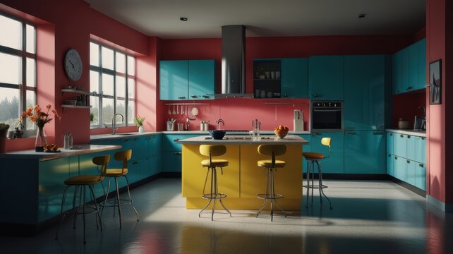 A modern kitchen with bright blue and yellow cabinets, a large island, and a breakfast bar with three yellow stools.