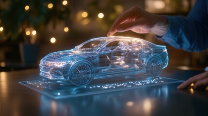 Engineer working on holographic car model in advanced digital environment
