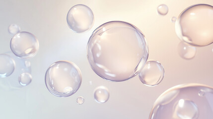 Fototapeta premium Transparent Glass Bubbles Floating in Soft Pastel Background With Realistic Light Reflections