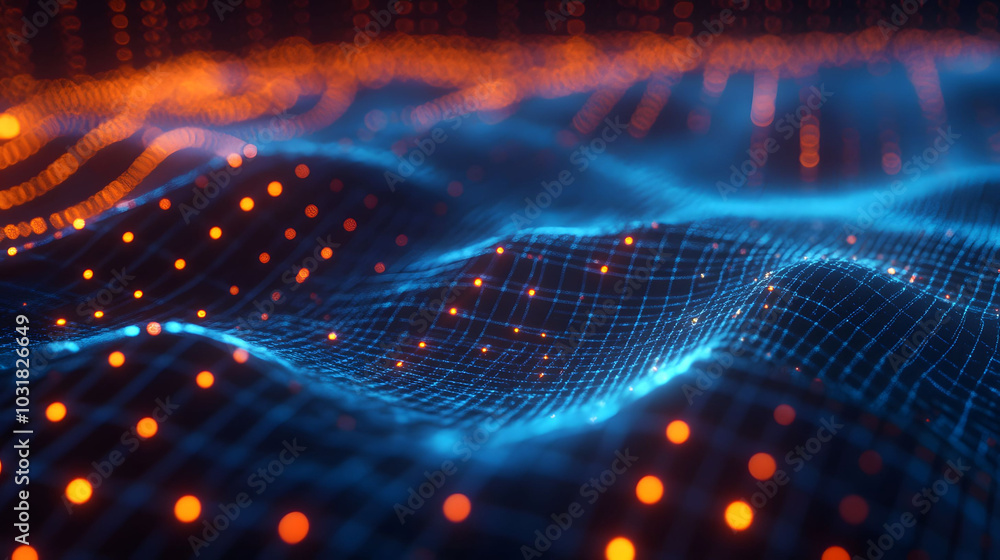 Poster futuristic holographic display with intricate glowing lines and minimalist grid style in cool toned 