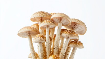Cluster of Brown Beech Mushrooms with Light Brown Caps and White Stems on White Background