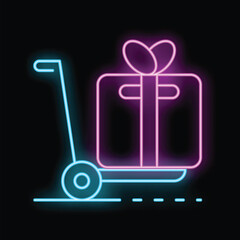Neon glowing icon of a hand truck carrying a wrapped gift box present on dark background