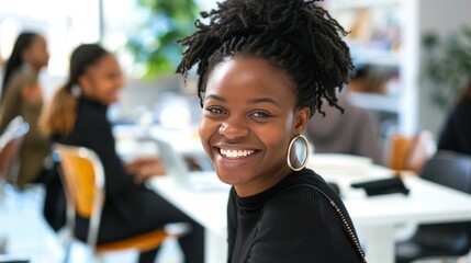 A smiling Confident African American Businesswoman Working in a Corporate Workspace
