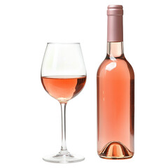 A glass of rose wine with a bottle, isolated on a transparent background.