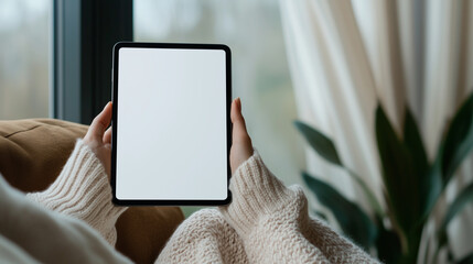 Woman in a cozy knit sweater holding black tablet mockup with white blank screen sitting in cozy cabin