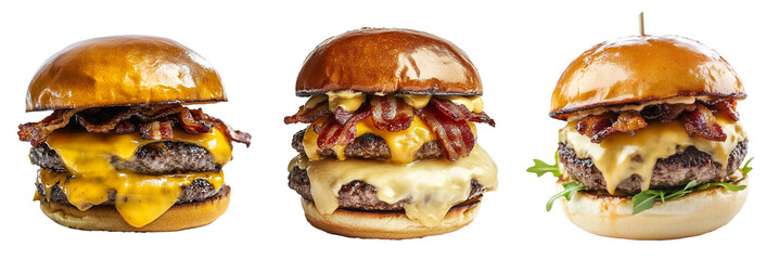 Double bacon burger with melted cheese, isolated on a transparent background.
