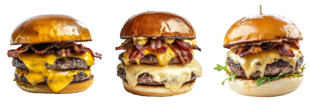 Double bacon burger with melted cheese, isolated on a transparent background.