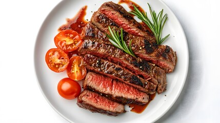 Grilled sliced Beef Steak with sauce, tomatoes and rosemary on a white plate Isolated on white background top view. 