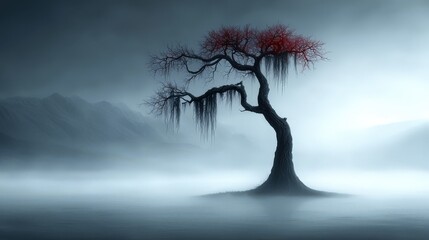Eerie Tree in Foggy Swamp with Moody Atmosphere