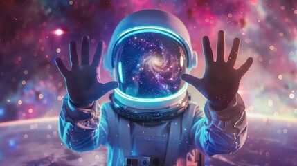 The image depicts an astronaut in a spacesuit, reaching out with both hands towards a cosmic scene of stars and a nebula visible through their helmet visor.