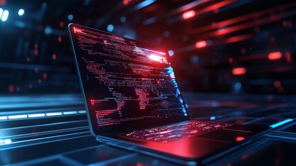 A futuristic laptop glowing with red and blue light displays a global network and lines of code, symbolizing the interconnectedness of technology, data, and the digital world.