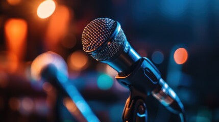 Close-up of a microphone on a stage with blurred background