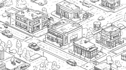 Village Layout Map for Coloring, detailed village map featuring bank, mart, barber, gas station, hamburger shop, drug store, school, clear lines, black and white