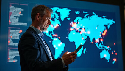 Innovation technology digital future of logistics freight transportation import export concept, Manager using tablet control online tracking cargo delivery distribution on city world map background