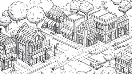 Obraz premium Village Map Outline, intricate layout featuring bank, mart, barber, gas station, hamburger shop, drug store, school, black and white coloring book style