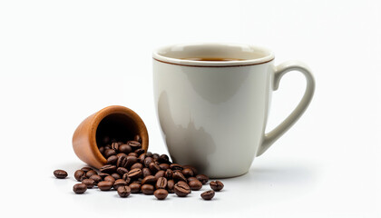 Fototapeta premium Coffee Mug and Grinded Coffee Beans Concept Isolated on White Background