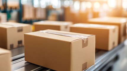 Conveyor Belt with Cardboard Boxes in a Warehouse