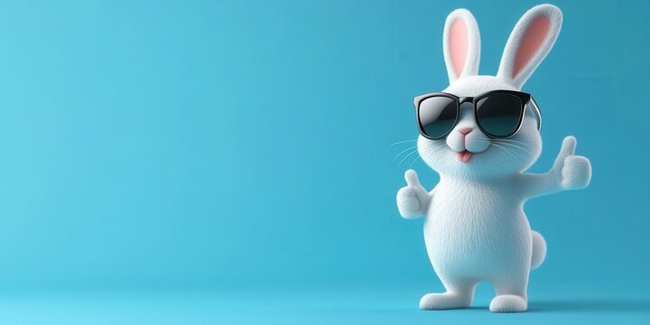 Cute cartoon bunny with sunglasses giving thumbs up on a bright blue background, exuding confidence and fun vibes.