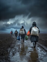 A group of people walk resolutely through a muddy field under a stormy sky, carrying supplies and showcasing resilience and determination in the face of adversity.  Their journey symbolizes hope, pers