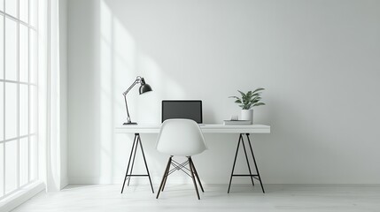 Minimalist workspace with desk, chair, lamp, and plant