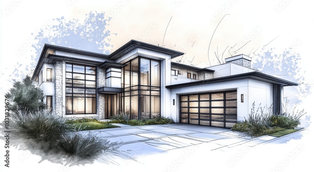 Poster a modern house with large windows and a garage, in a simple pencil sketch style. the design includes