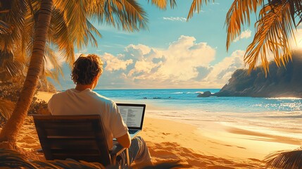 Person working on laptop at tropical beach, serene atmosphere