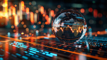crystal ball reflecting market predictions and financial data, symbolizing future of investment and analytics. vibrant colors and dynamic patterns evoke sense of innovation and insight