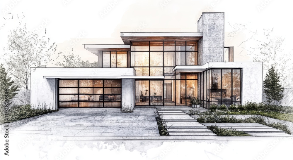 Poster a modern house with large windows and a garage, in a simple pencil sketch style. the design includes