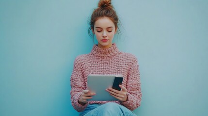 Young woman using tablet against a blue wall background