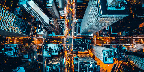 Drone POV of a bustling city street, with pedestrians and cars moving through the urban landscape surrounded by towering skyscrapers.