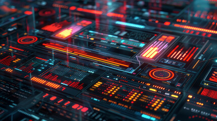 Fototapeta premium Futuristic digital interface with vibrant red and orange data visualizations, showcasing advanced technology and cyberpunk aesthetics. intricate design evokes sense of innovation and complexity