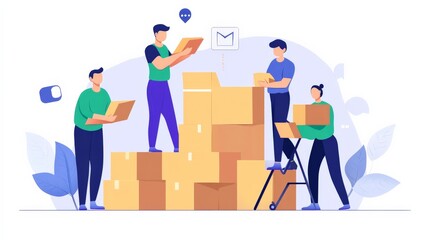 Fototapeta premium Team of Four People Working Together in Warehouse