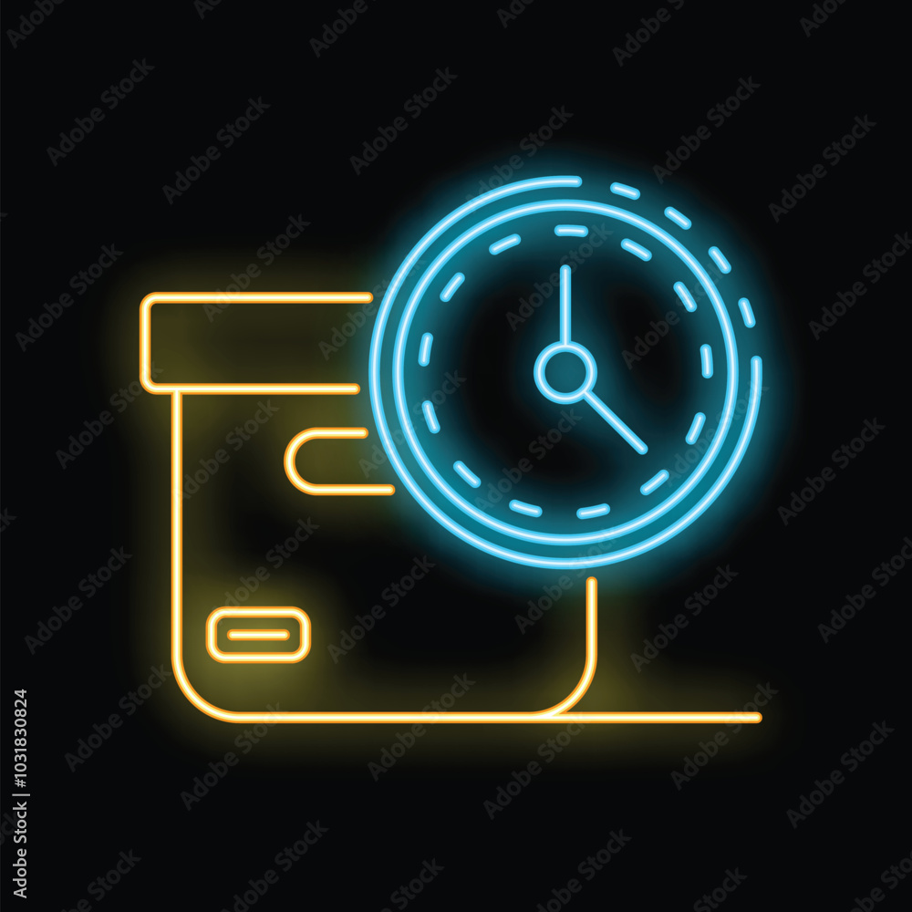 Poster glowing neon icon of time management concept with a clock and an archive box