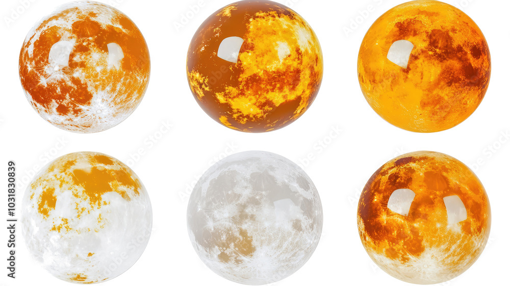 Poster set of decorative full moons on a transparent background generative ai