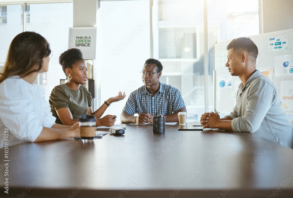 Canvas Prints Group, boardroom or people in meeting discussion for startup review, feedback or organizing project. Sustainable, talking or company growth in office for agency business, teamwork or planning ideas