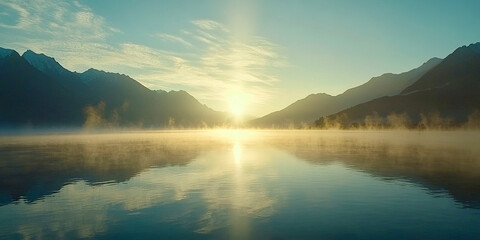 Fototapeta premium Drone POV over a calm lake at sunrise, with the mist rising off the water and mountains reflected in the mirror-like surface.