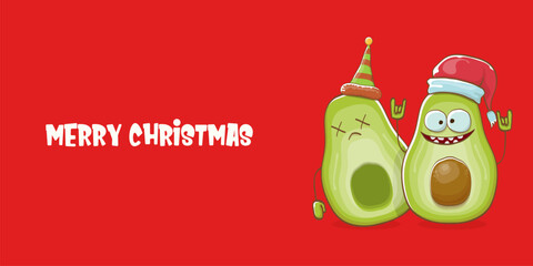 Merry chirstmas vector funky greeting horizontal banner or card with santa claus avocado character and his elf friend on red background. Vector funny christmas party poster design template