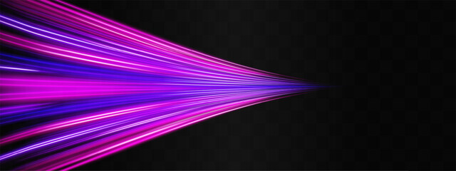 Speed effect. neon stripes or light flash. Laser beams, horizontal beams. Vibrant neon purple and pink light streaks stretching across a dark background, creating a dynamic effect