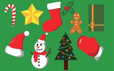 Christmas Holiday Icons Set with Tree, Snowman, Santa Hat, Stocking, Candy Cane and Decorations - Vector Illustration
