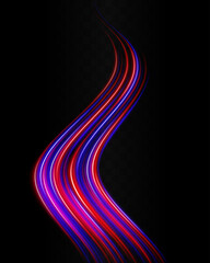 Speed effect. Curved red and blue neon light streaks flowing across a dark background, creating a dynamic and futuristic look