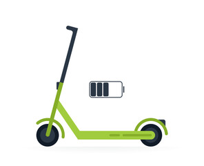 Electric scooter with battery indicator which showing charge level. Concept of eco friendly transportation solutions. Can be use for scooter sharing apps. Vector illustration