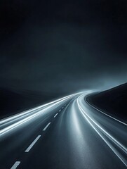 A long, straight road stretches into the distance, illuminated by the blurred motion of headlights, symbolizing a journey towards the future, endless possibilities, speed, progress, and dynamism.