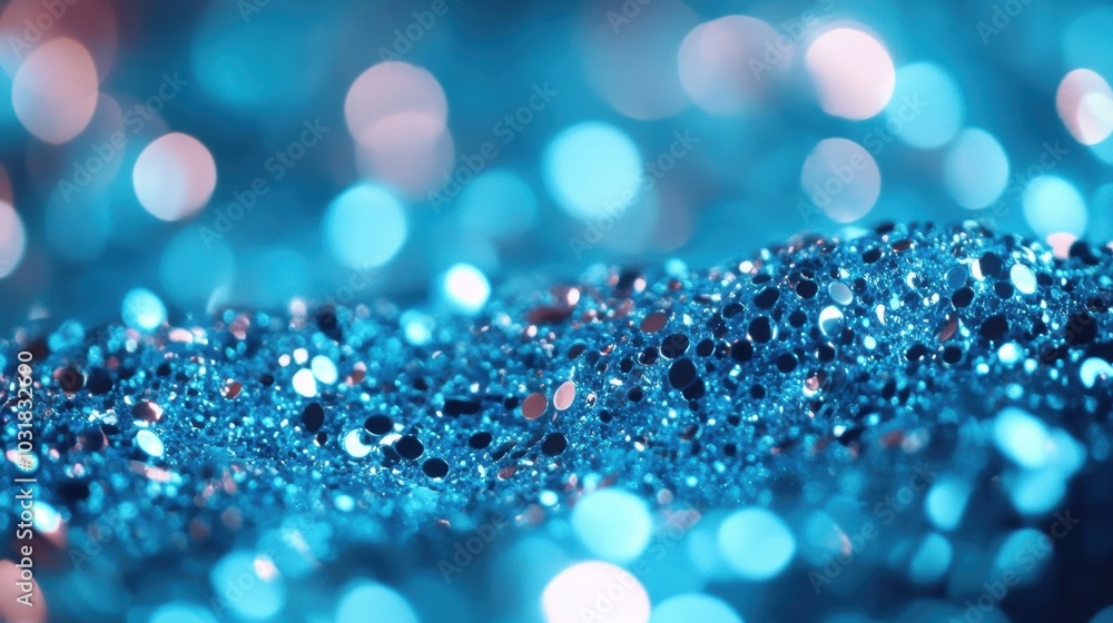 Poster a vivid display of sparkling blue glitter is enhanced by soft bokeh lights, creating an enchanting a
