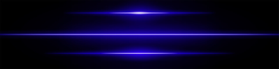 Set blue neon stripes or light flash. Thin line with a white highlight. Laser beams, horizontal beams. Beautiful light reflections. Glowing stripes on a black background.