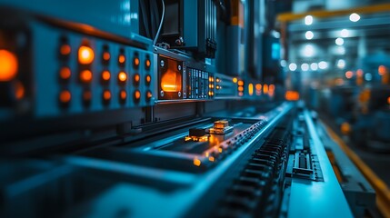 Naklejka premium Electrical safety devices installed on large machines in an industrial factory, highlighting circuit protection features. 